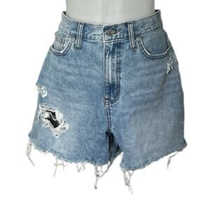 28 Madewell The Momjean Shorts Womens Blue Denim Distressed Cut Off Hi-Rise Boho